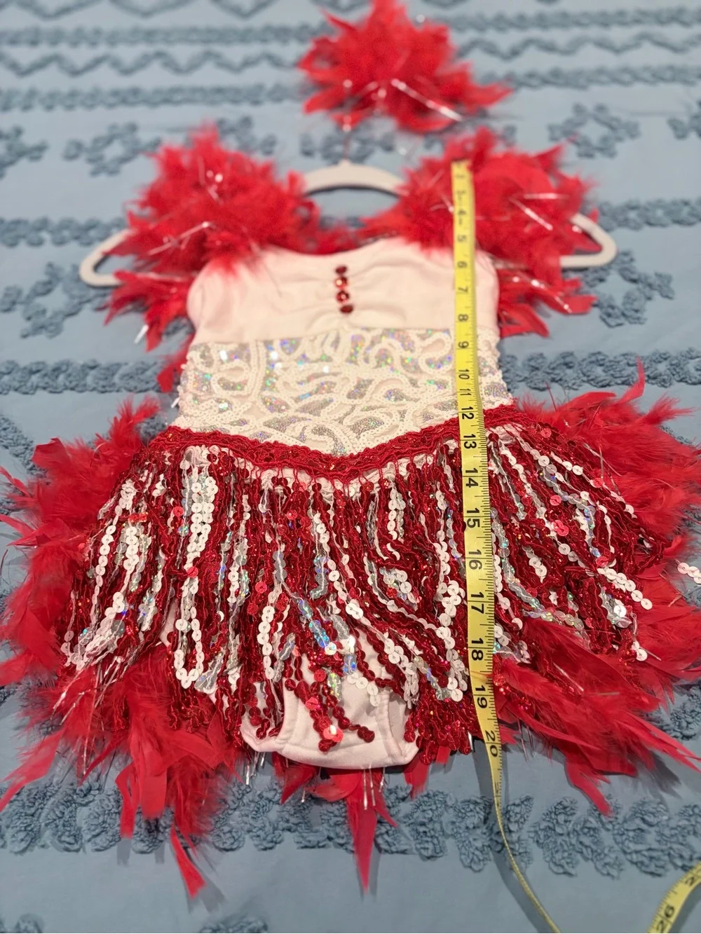 Red White Sequin Fringe Feather Dance Costume Child Small